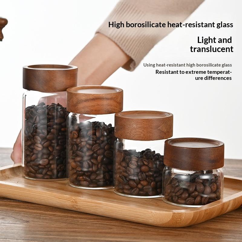 Food Storage Jars With Wooden Lids - Sealed Transparent Glass Coffee Bean Container