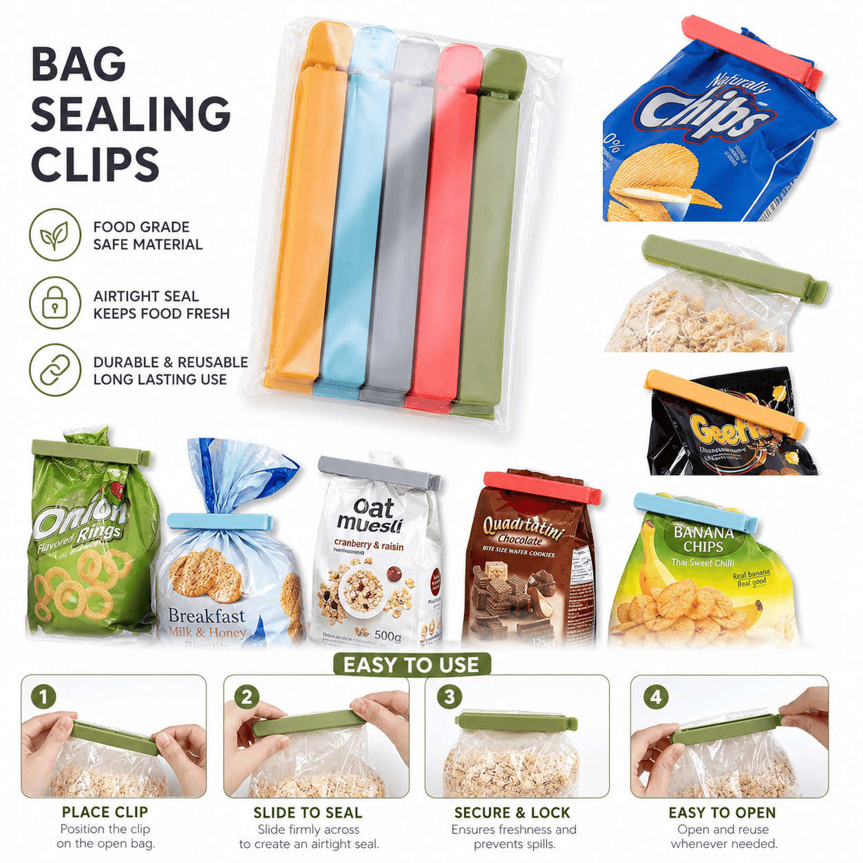 Food Storage Reusable Bags - 5 pcs Plastic Bag Sealing Clips,