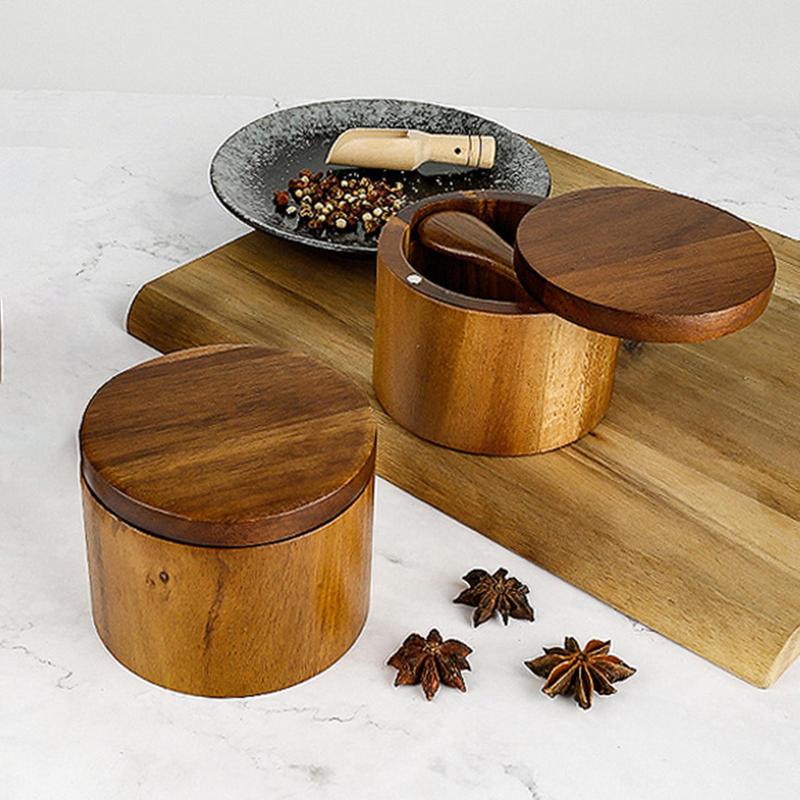 Food Storage Jars With Wooden Lids - Salt Seasoning Jars Pepper Jar Wood