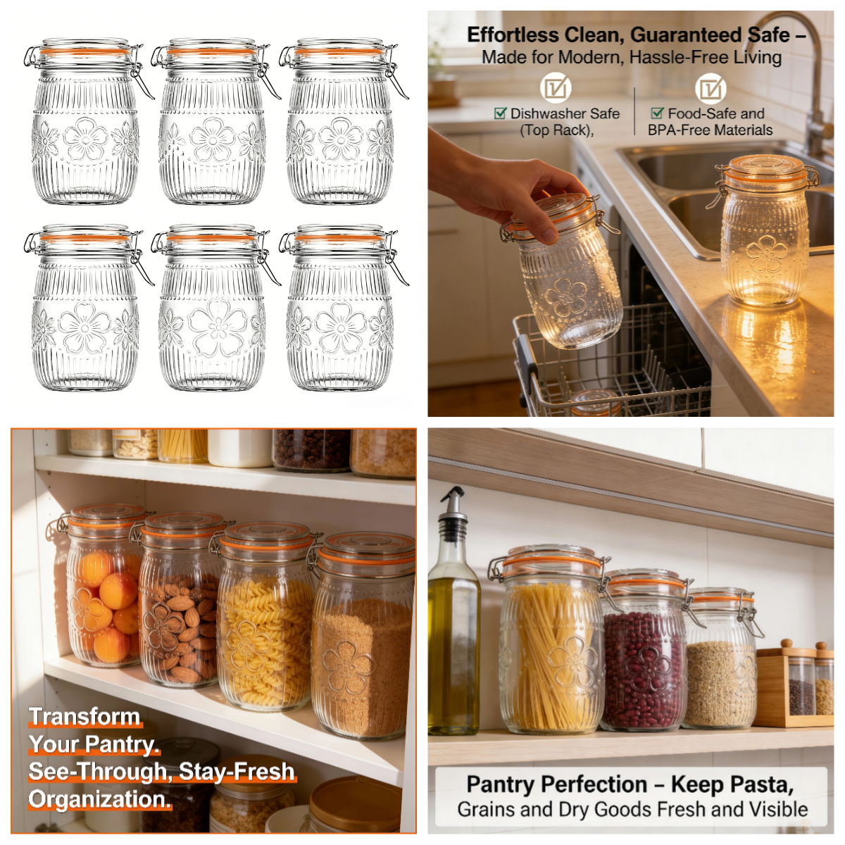 Food Storage Quart Containers - 6 Pack Wide Mouth Mason Jars