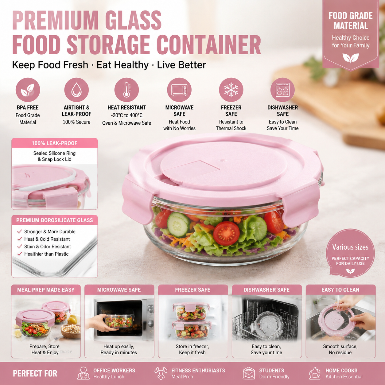 Lock And Lock Food Storage - Pink Cartoon Sushi Round Glass Lunch