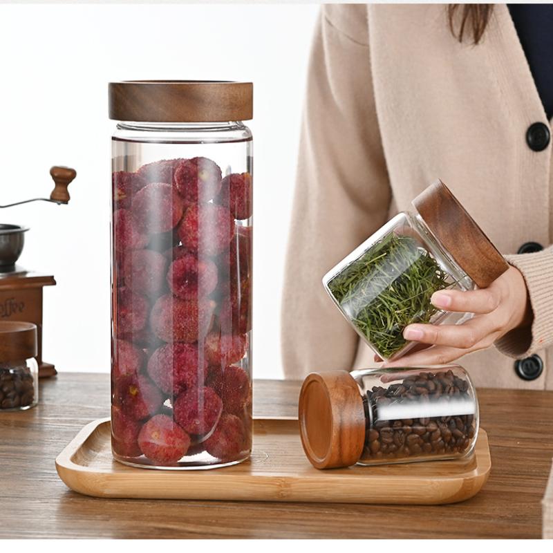 Sealed Transparent Glass Coffe - Food Storage Jars With Wooden Lids のレビューと価格