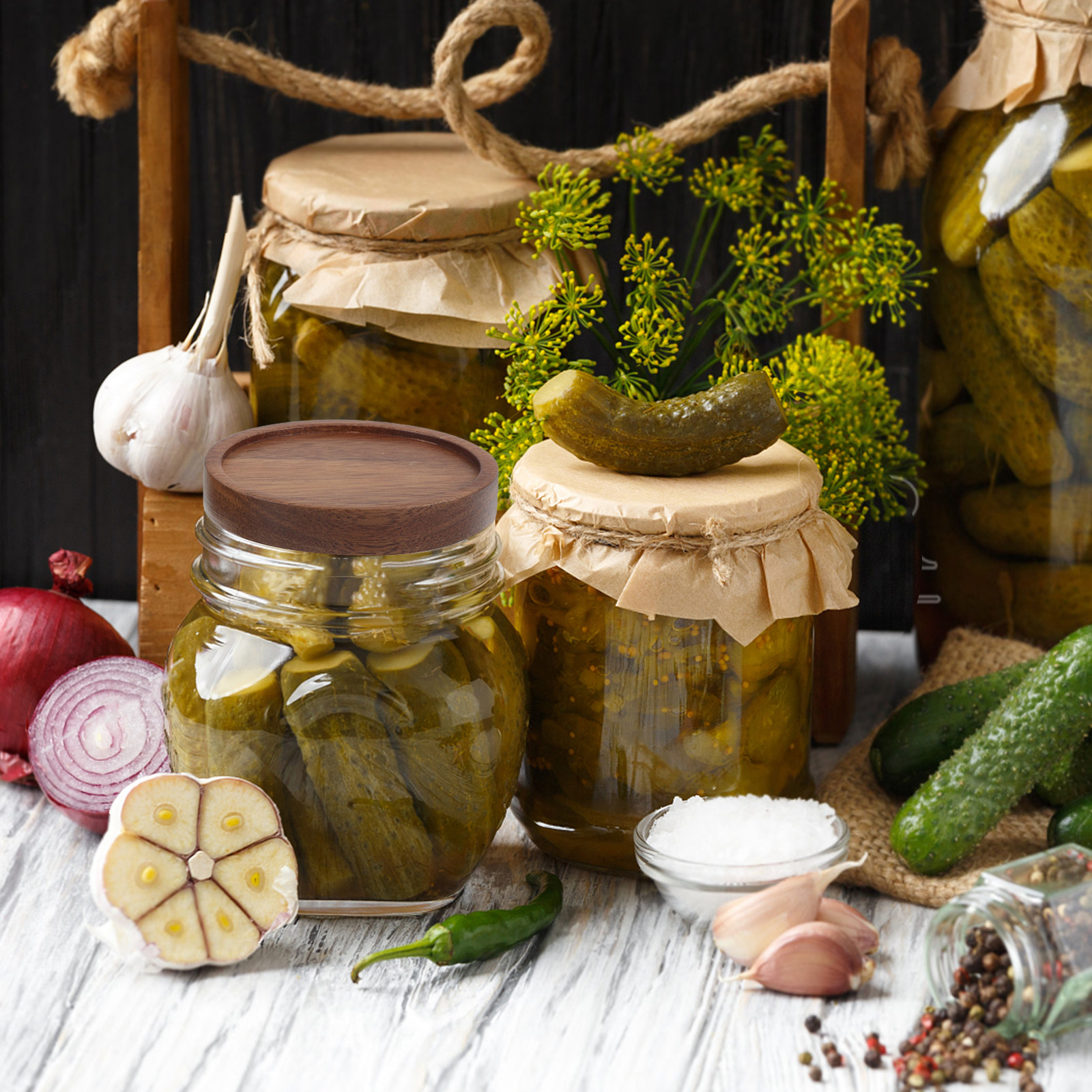 4Pcs Natural Acacia Wooden Jar - Food Storage Jars With Wooden Lids のレビューと価格